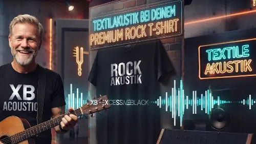 Dein Premium Rock T-Shirt im Kontext von textile Akustik mit E-Gitarre, Neon Schriftzügen und Soundwellen im Studio.