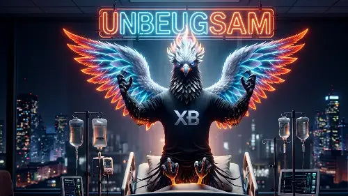 Kraftvoller Phönix mit leuchtenden Flügeln in XB Premium Rock T-Shirt auf einem Krankenbett vor nächtlicher Skyline mit Neon-Schriftzug UNBEUGSAM.