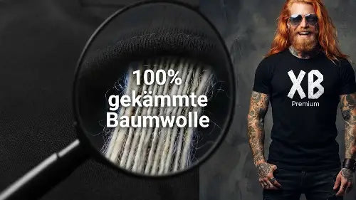 100% gekämmte Baumwolle unter der Lupe. Daneben ein Mann mit einem Premium Rock T-Shirt von XB aus 100% gekämmter Baumwolle.