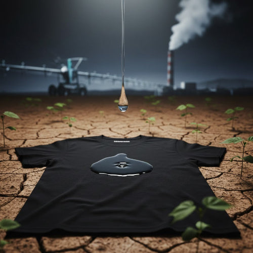 Ein T-Shirt liegt auf erodiertem Boden einer Industrie-Landschaft.