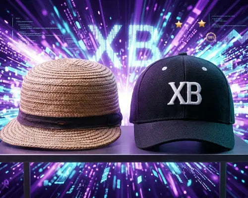 Eine Ur-Basecap aus Stroh neben einer modernen Basecap aus Bio-Baumwolle von XB.