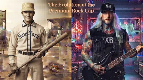 Die Evolution der Premium Rock Cap: Ein früher Baseball-Spieler mit Basecap aus Stroh & ein moderner Rockstar mit schwarzer Premium Rock Cap aus 100% Bio-Baumwolle und hochwertigem XB Design.