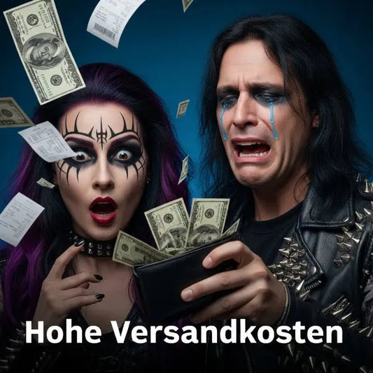 Ein Heavy Metal Paar weint, weil die Versandkosten für ein Rock oder Heavy Metal T-Shirt so hoch sind.
