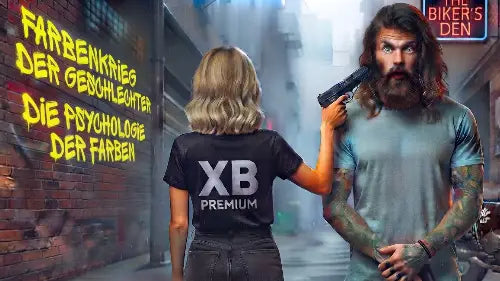 Auf einer Wand steht Farbenkrieg der Geschlechter - Die Psychologie der Farben und eine Frau mit einem schwarzen Premium Rock T-Shirt von XB hält zum Spaß einem Mann mit blauem T-Shirt eine Waffe an den Kopf.