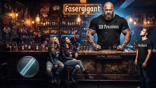 In einer Bar steht ein gigantischer Barkeeper und trägt ein Premium Rock T-Shirt von XB. Im Hintergrund steht das Wort Fasergigant und vor der Theke sind Gäste sowie eine Mikroskopische Aufnahme einer Faser aus 100% gekämmter Baumwolle.
