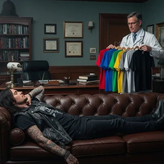 Mann liegt bei Psychiater auf der Couchund schaut farbige T-Shirts an.