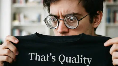 Mann mit Brille starrt auf ein Premium Rock T-Shirt mit dem Aufdruck "That's Quality" um die Qualität zu erkennen.