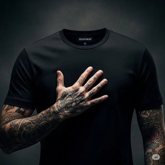 Eine Hand prüft die Qualität eines schwarzen Premium Rock T-Shirts.