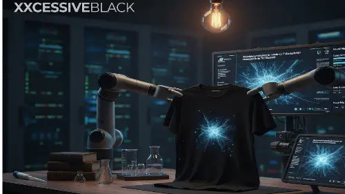 Schwarzes Premium Rock T-Shirt zwischen Roboter-Armen.