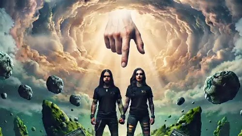 Ein Zeigefinger zeigt aus dem Himmel auf zwei Personen mit Premium Rock T-Shirt von XB.