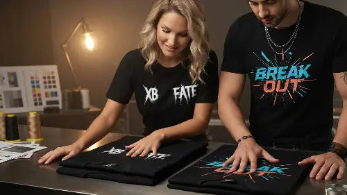 Eine Frau und ein Mann im Büro streichen mit den Händen über ein Premium Rock T-Shirt um die Haptik zu spüren.