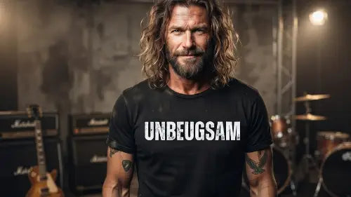 Mann mit Bart trägt schwarzes Premium Rock T-Shirt aus 100% gekämmter Baumwolle mit dem Aufdruck: UNBEUGSAM.