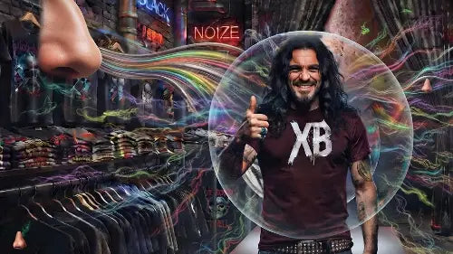 Rocker mit Premium Rock T-Shirt von XB in einer Blase umgeben von Geruchs-Manipulation durch Nasen bildhaft dargestellt.