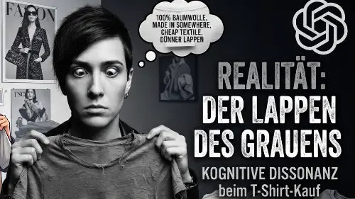 Frau hat Kognitive Dissonanz beim T-Shirt Kauf. Realität der Lappen des Grauens.
