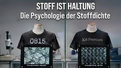 Vergleich der Stoffdichte auch mikroskopisch dargestellt anhand eines 0815 Standard T-Shirt und einem XB Premium Rock T-Shirt.