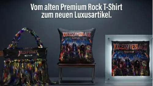 Dinge wie Taschen, Kissen oder Bilder, die man durch Upcycling aus einem alten Premium Rock T-Shirt herstellen kann.