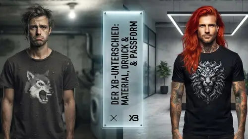 Ein Mann mit einem Standard T-Shirt neben einem Mann mit Premium Rock T-Shirt von XB.
