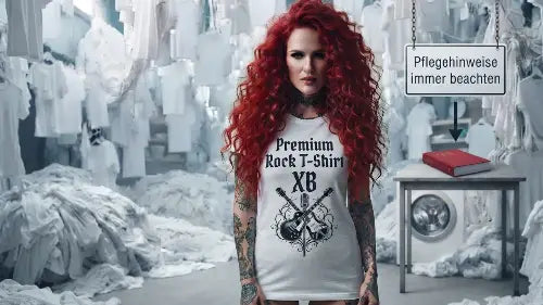 Junge Frau steht im weißem Premium Rock T-Shirt mit XB Druck im Waschmaschinen-Keller & im Hintergrund Pflegehinweise und viele weitere weiße T-Shirts.