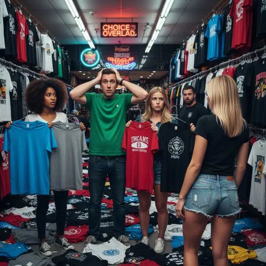 Männer und Frauen in einem T-Shirt Shop können sich nicht entscheiden, welches Rock T-Shirt sie kaufen.