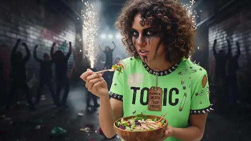 Junge Frau isst gesunden Salat trägt aber ein toxisches T-Shirt.