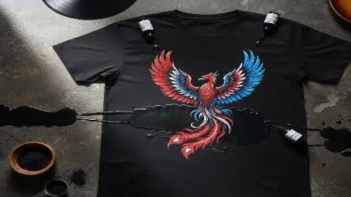 Schwarzes Premium Rock T-Shirt mit Phönix-Druck von Farbe übergossen.