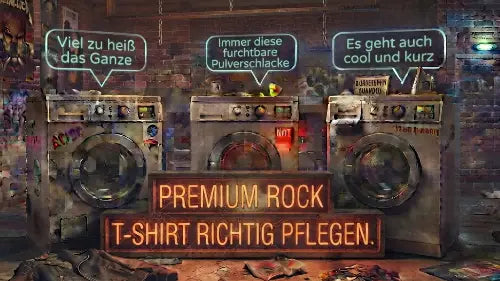 "Waschmaschinen unterhalten sich fiktiv im Keller über die richtige Pflege von Premium Rock T-Shirts".