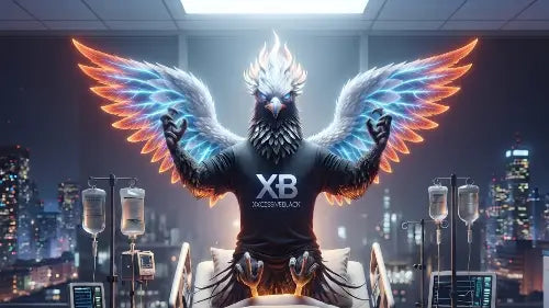 Ein Phoenix erhebt sich aus dem Krankenbett im Hospital und trägt ein schwarzes Premium Rock T-Shirt von XB.