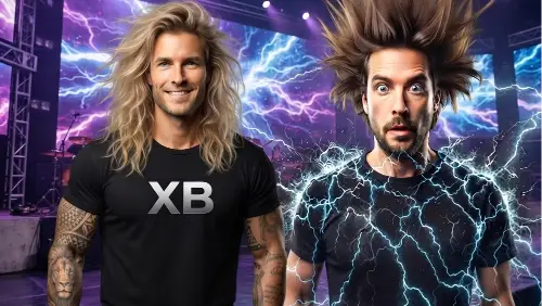 Rockiger Mann mit schwarzem Premium Rock T-Shirt von XB steht neben einem Mann mit statisch aufgeladenem Standard T-Shirt.