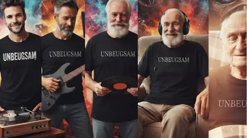 Mann trägt in jeder Phase seines Lebens ein schwarzes Premium Rock T-Shirt.