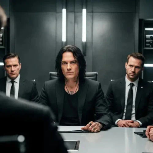 Mann mit schwarzem Premium T-Shirt bei Bewerbungsgespräch.