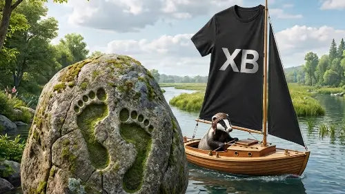 Dachs in einem Holzboot mit Segel aus einem XB Premium Rock T-Shirt. Im Vordergrund ein Stein mit zwei menschlichen Fußabdrücken.