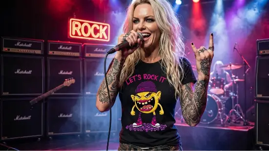 Rocksängerin trägt Premium Rock T-Shirt aus 100% Bio-Baumwolle von XB mit komplexem Rock-Monster-Design.