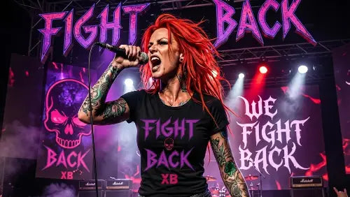 Rocksängerin trägt Premium Rock T-Shirt mit 180g/m² Grammatur & 100% Bio-Baumwolle mit komplexem Fight-Back-Design aus Öko-Tex zertifizierten Farben.