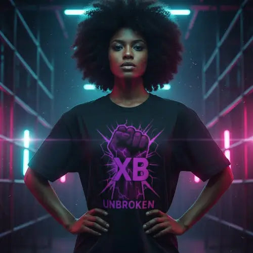 Model in Studio trägt ein Rock T-Shirt für Frauen mit Unbroken-Design von XB.