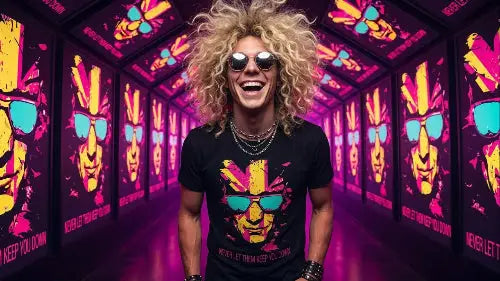 Junger lachender Mann mit blondem Haar und Sonnenbrille trägt ein schwarzes Premium Rock T-Shirt aus 100 % gekämmter Baumwolle und einer Grammatur von 185g/m² sowie komplexem Face-Flag Design aus Öko-Tex zertifizierten Farben.