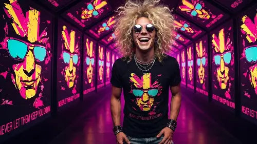 Mann mit lockigen blonden Haaren trägt schwarzes Premium Rock T-Shirt aus 100% gekämmter Baumwolle und einer Grammartur von 185g/m² sowie komplexem Flaggen-Design aus Öko-Tex zertifizierten Farben.