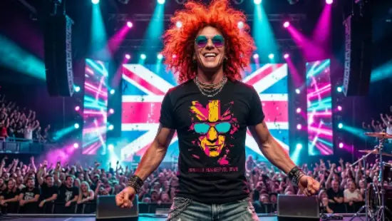 Rockstar in Konzert trägt Premium Rock T-Shirt aus 100% gekämmter Baumwolle mit komplexem Flaggen-Design von XB.