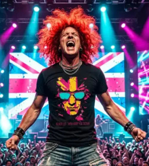 Rockstar trägt Premium Rock T-Shirt mit komplexem Flaggen-Design von XB.