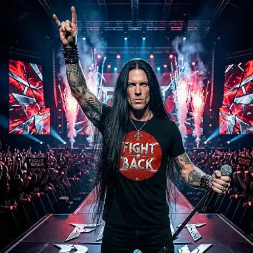 Rockstar auf Bühne trägt Premium Rock T-Shirt mit Typocore-Fight Back-Design.