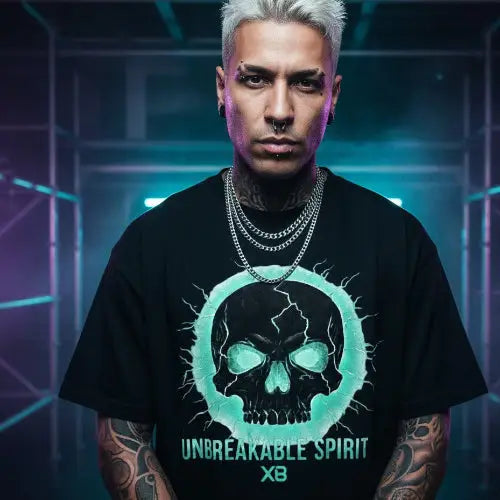 Mann an Motorrad trägt ein Premium Rock T-Shirt für Männer mit komplexem Gitarre-Hand-Design.