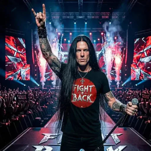 Rockstar auf Bühne trägt Premium Rock T-Shirt mit Typocore-Fight Back-Design.