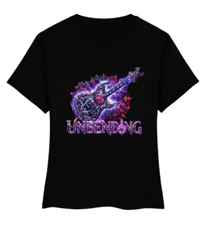 Schwarzes Premium Rock T-Shirt für Frauen mit detailliertem E-Gitarren-Motiv in Violett/Blau und dem Schriftzug UNBENDING.
