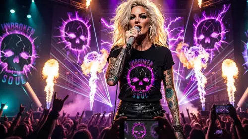 Sängerin trägt Premium Rock T-Shirt aus 100% Bio-Baumwolle & einer Grammatur von 215g/m² in komplexem Skull-Design aus Öko-Tex zertifizierten Farben- UNBROKEN SOUL.