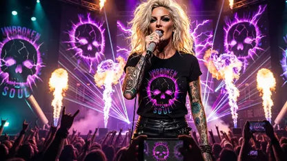 Sängerin trägt Premium Rock T-Shirt aus 100% Bio-Baumwolle & einer Grammatur von 215g/m² in komplexem Skull-Design aus Öko-Tex zertifizierten Farben- UNBROKEN SOUL.