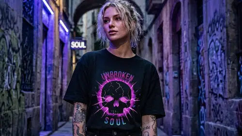 Junge Frau in einer Gasse trägt hochwertiges schwarzes Premium Rock T-Shirt aus 100 % Bio-Baumwolle mit einer Grammatur von 215g/m² sowie komplexem Skull-Design aus Öko-Tex zertifizierten Farben.