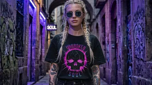Blonde junge Frau mit Zöpfen und Sonnenbrille trägt ein hochwertiges schwarzes Premium Rock T-Shirt aus 100 % Bio-Baumwolle mit einer Grammatur von 215g/m² und komplexem Skull-Design aus Öko-Tex zertifizierten Farben.