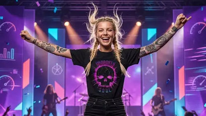 Junge rockige Frau tanzend bei Konzert trägt schwarzes Premium Rock T-Shirt aus 100 % Bio-Baumwolle und einer Grammatur von 215g/m² sowie einem komplexen Skull-Design aus Öko-Tex zertifizierten Farben.