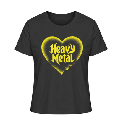  Rock T-Shirt für Frauen mit Herz und Heavy Metal Aufruck in leuchtendem Gelb.