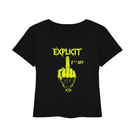 Heavy Metal T-Shirt für Frauen mit hochwertigem Druck EXPLICIT F..OFF und einem Stinkefinger.