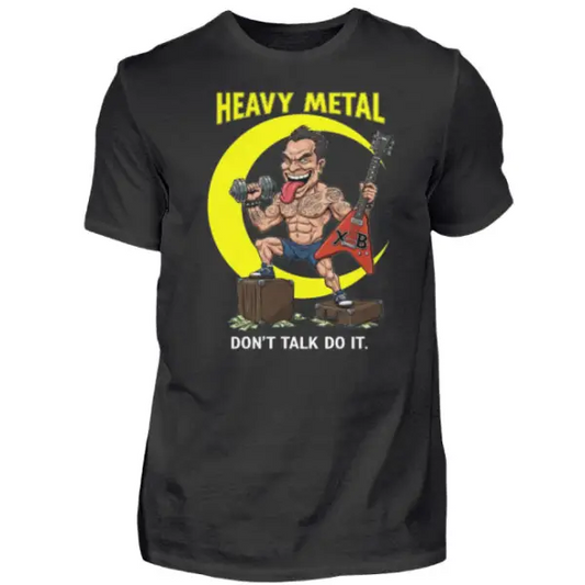 Heavy Metal T-Shirt für Männer mit Druck eines Rockstars der auf zwei Geldkoffern steht und Gitarre und Gewichte gleichzeitig hält.